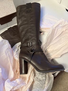 Bandolino Dark Brown Leather Mid-Calf Heeled Riding Boots